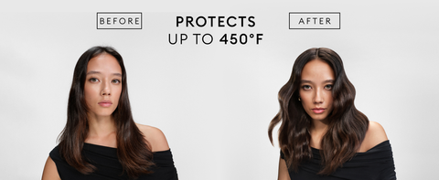 Before & after of model with dull hair and flyaways on the left & hydrated, shiny hair on the right.