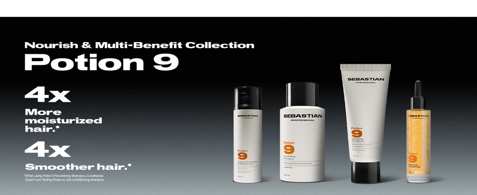 Four hair care products with Potion 9 branding on a gradient background.