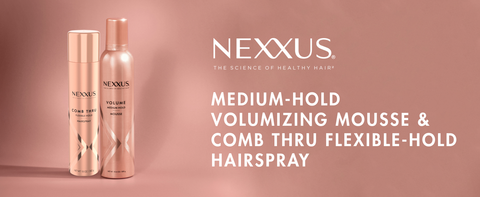 NEXXUS hairspray &amp; mousse with white text in a blue corner with bronze background and floor.