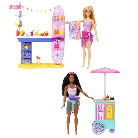 Barbie Beach Boardwalk Playset with Barbie Brooklyn & Malibu Dolls, 2  Stands & 30+ Accessories