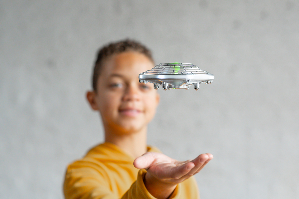 thumbnail video image 2 of Hover Star Motion Controlled UFO Alien Encounter Silver Drone for Kids Ages 6+, 2 of 14