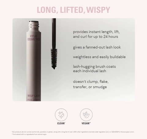 Long, lifted, wispy provides instant length, lift, and curl for up to 24 hours gives a fanned-out lash look. Weightless and easily buildable lash-hugging brush coats. Each individual lash doesn’t clump, flake, transfer, or smudge. 