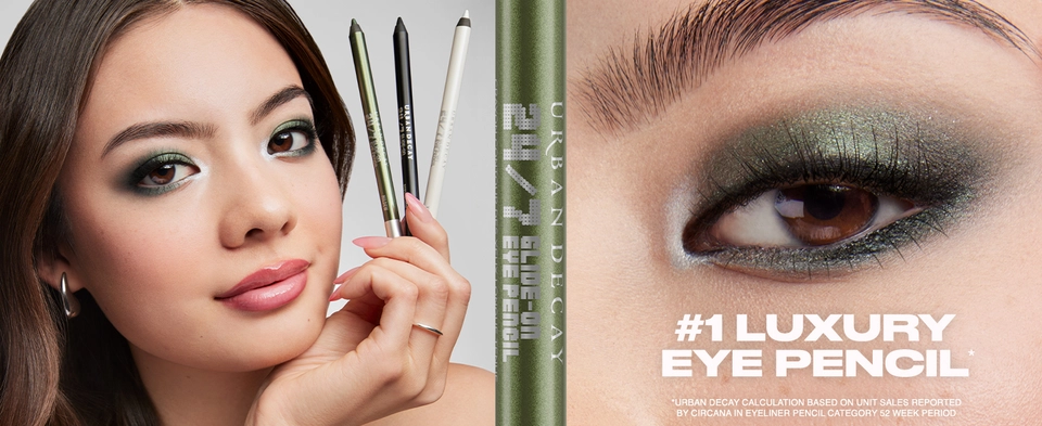 Model holding 3 Urban Decay eyeliner and a model&#39;s eye wearing all three colors., with text stating #1 luxury eye pencil.