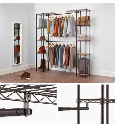 open expandable closet rack filled with clothes