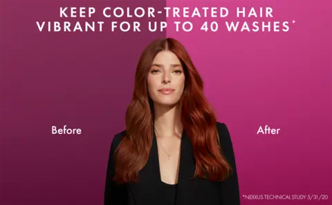 A headline against a pink background reads: Keep Color-Treated Hair Vibrant for up to 40 Washes. Below is a split before-and-after image of a woman with long auburn hair that appears lifeless and flat on the left side and bright, shiny, and healthy on the right.