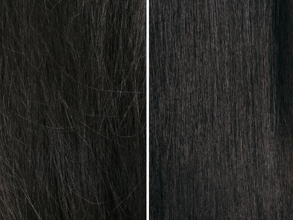 Before and after of naturally straight, black hair nourished with Dyson Omega products.