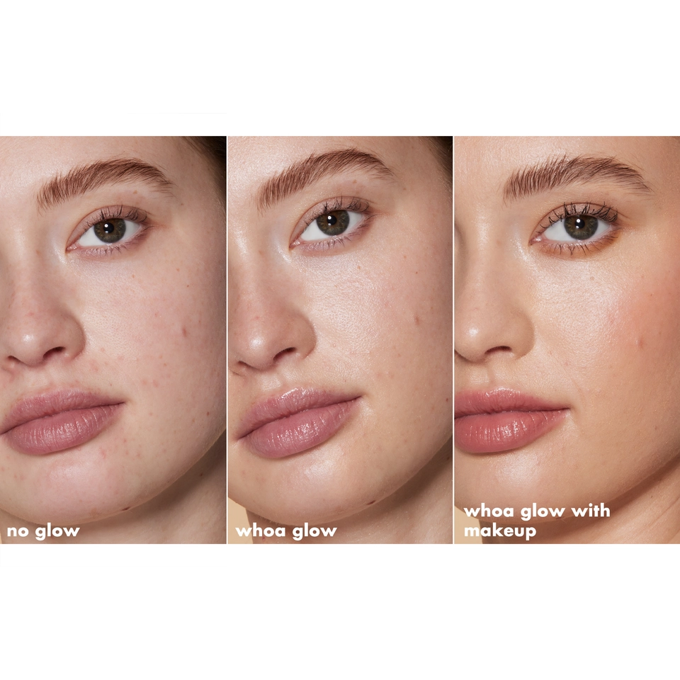 This image is of a models before and after wearing the shade Sunlight