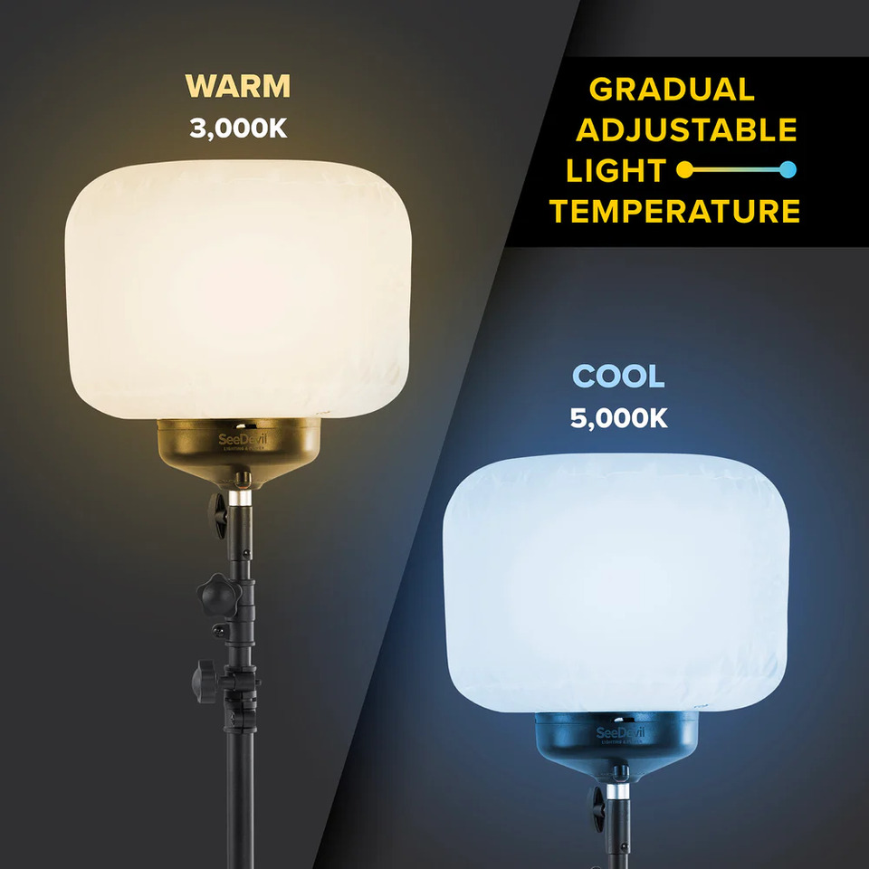 60W Balloon Light Kit features color temperature changing abilities. The user can go from a warm 3,000 kelvin to a cool 5,000 kelvin.