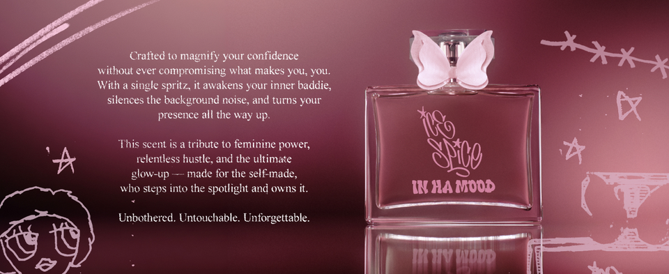 Ice Spice Perfume bottle with cartoon drawings and text overlay