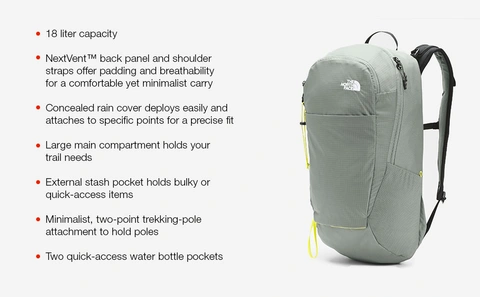 north face diad 18 backpack The Face 18L NF0A8BSH The North Face NF0A8BSH is a 18L backpack made of 210D recycled nylon ripstop with a DWR finish and a 600D recycled polyester bottom panel The North Face Basin 18