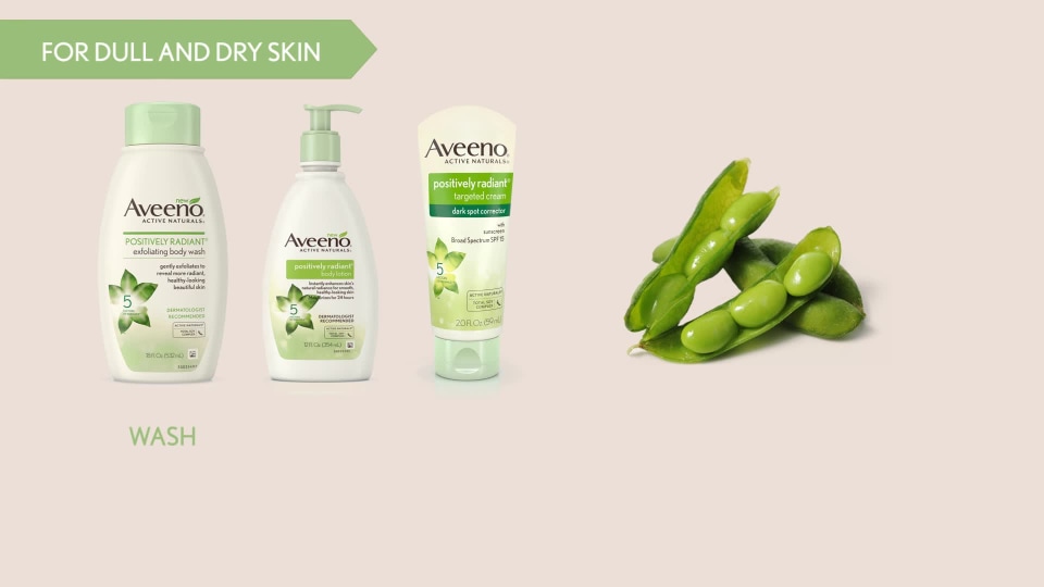 thumbnail video image 2 of Aveeno Positively Radiant Exfoliating Body Wash with soy extract, 18 fl. oz, 2 of 7
