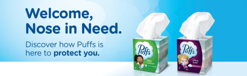 Picture of two variants of Puffs, Plus Lotion and Ultra Soft. Image reads &quot;Welcome, Nose in Need. Discover how Puffs is here to protect you&quot;.