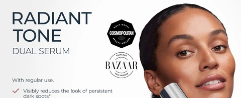 Smiling woman with radiant skin holds Eucerin Radiant Tone Dual Serum. Text highlights dark spot reduction and 2025 beauty award wins.