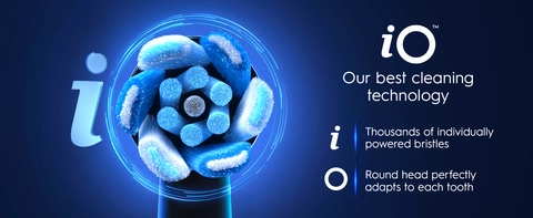 iO best cleaning technology. I: Thousands of individually powered bristles. O: Round head perfectly adapts to each tooth.