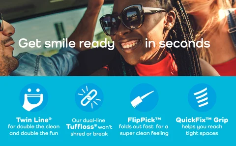 Get smile ready in seconds, Twin Line, Tuffloss, FlipPick, QuickFix Grip