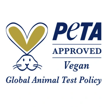 Peta Approved Vegan Global Animal Test Policy logo with bunny.