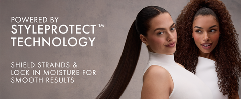 Two women with different hairstyles (straight and curly) along text about our technology.