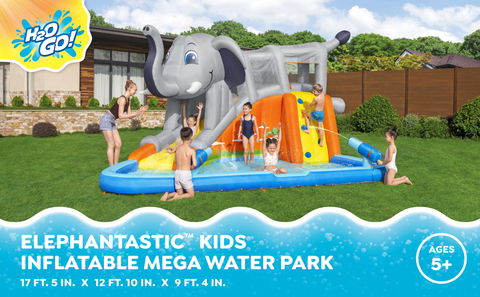 Perfect for kids ages 5 and up, the H2OGO! Elephantastic
Mega Water Park is 17 feet 5 inches long by 12 feet 10 inches wide by 9 feet 4 inches tall.