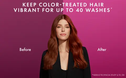 Headline against pink background that reads: Keep Color-Treated Hair Vibrant for up to 40 Washes (according to Nexxus techical study on May 31, 2020) , and below is a split before and after image of a woman with long auburn hair that appears lifeless and flat on the left side and bright, shiny and healthy on the right.