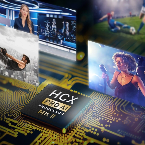 HCX chip with a variety of surrounding images, woman singing, news anchor
