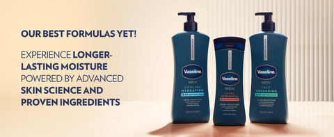 Vaseline Men Body Lotion range lined up accompanied by text about the benefits of our formulas.