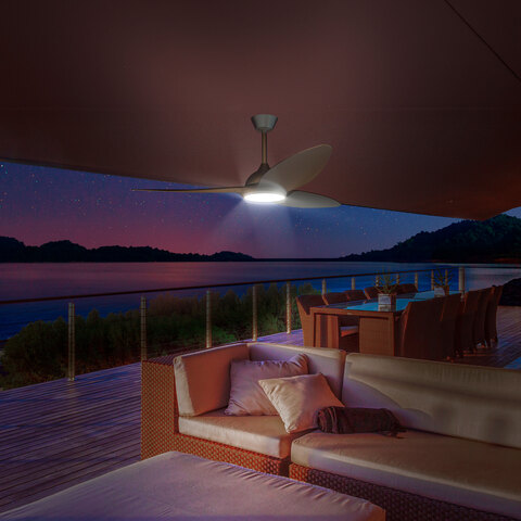 Bright white light emitted from the smart ceiling fan in an outdoor night setting