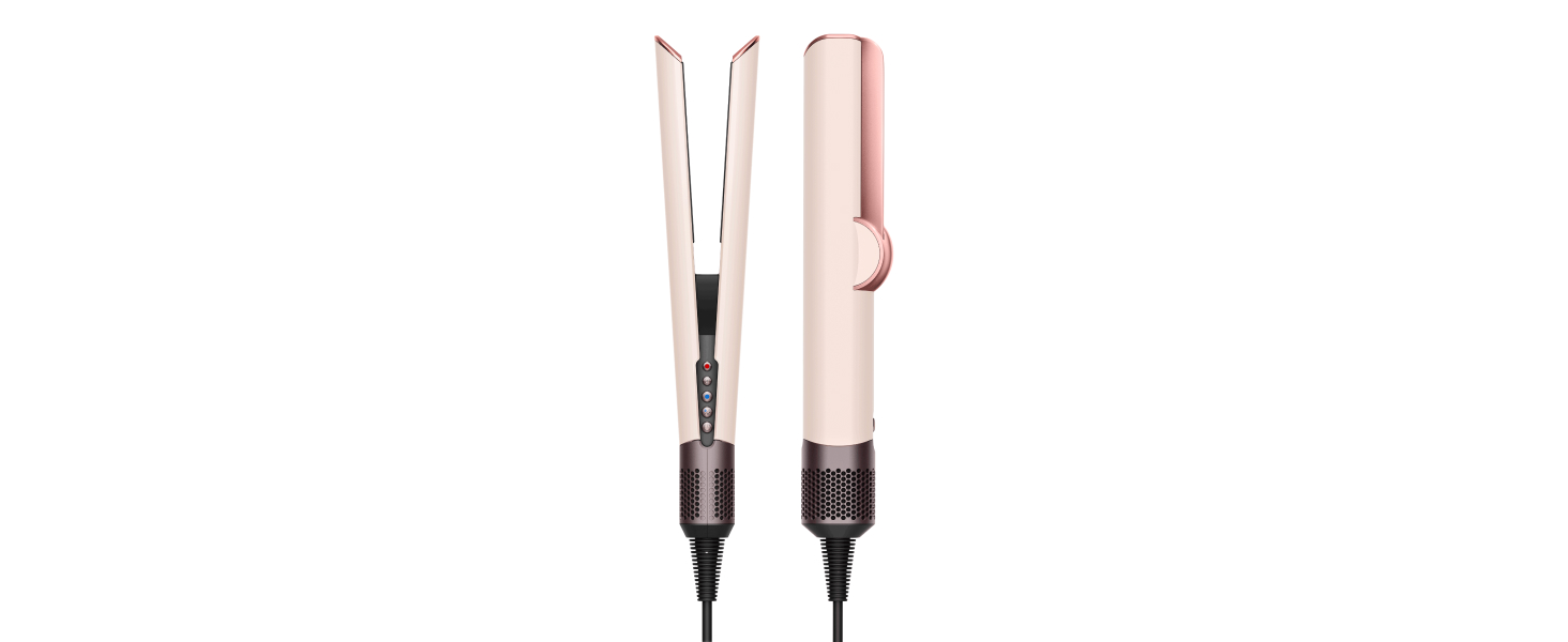 Dyson Airstrait in ceramic pink and rose gold front and side view on white background