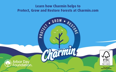 Charmin Protect Grow Restore icon. Text reads: Learn how Charmin helps to Protect, Grow and Restore Forests at Charmin.com. Arbor Day Foundation.