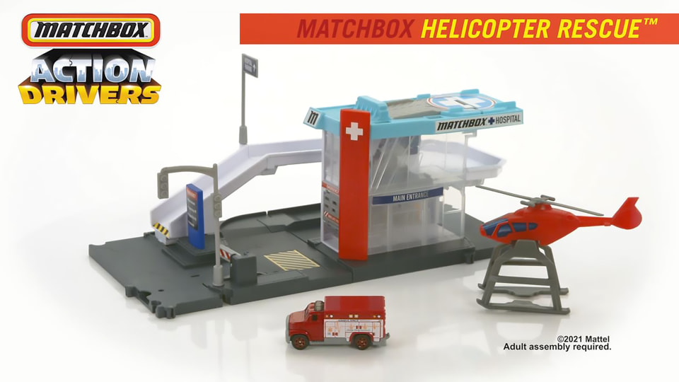 thumbnail video image 2 of Matchbox Action Drivers Helicopter Rescue Playset for Kids 3 Years Old & up, 2 of 7