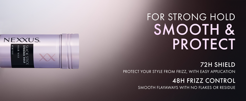 Our hair wax pot under a spotlight next to text highlighting product benefits.