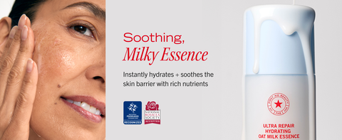Woman massaging essence into her face, milky texture on light blue packaging