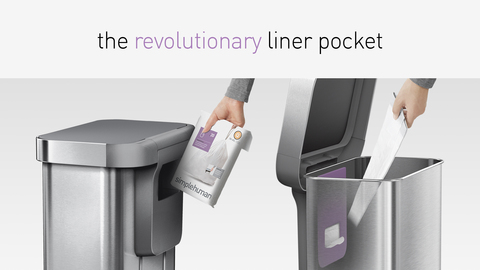 Image of the liner pocket, depicted both from the outside rear of the can, and on the inside of the can. The image also shows a person inserting a pack of compatible simplehuman code Q liners into the pocket and how to dispense a single liner from the pocket on the inside of the can.