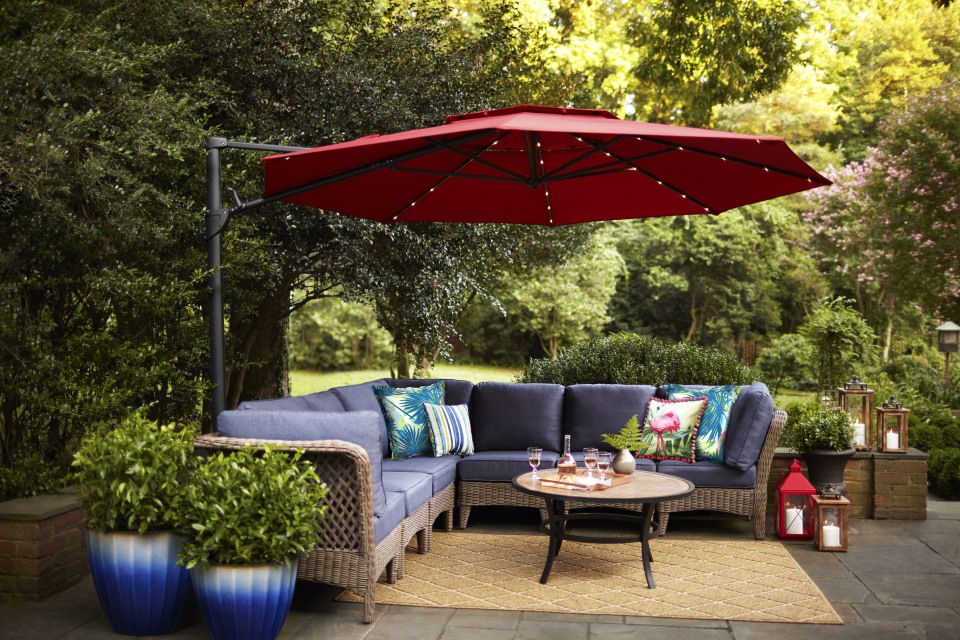 SimplyShade 11-ft Tan Solar Powered Auto-tilt Cantilever Patio Umbrella  with Base in the Patio Umbrellas department at Lowes.com