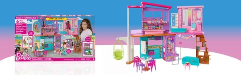 Barbie casa di malibu (106 cm) playset casa delle bambole con 2 piani, 6  stanze, ascensore, altalena e +30 accessori, giocattolo per bambini 3+ anni  - Toys Center