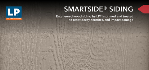 Close-up of shed siding. Text reads, &quot;Smartside siding. Engineered wood siding by LP is primed and treated to resist decay, termites, and impact damage.&quot;