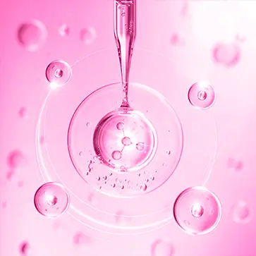Image of dropper placing proteins in a petri dish with other proteins surrounding it against a light pink background.