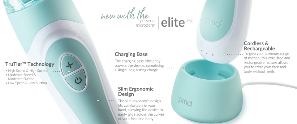 The Personal Microderm Elite Pro uses TueTier Technology, is coredless and rechargeable, comes with a charging base, and has a slim ergonomic design for comfortable use.