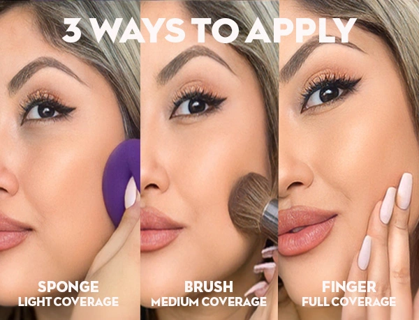 model showcasing 3 ways to apply foundation with sponge, brush, and fingers