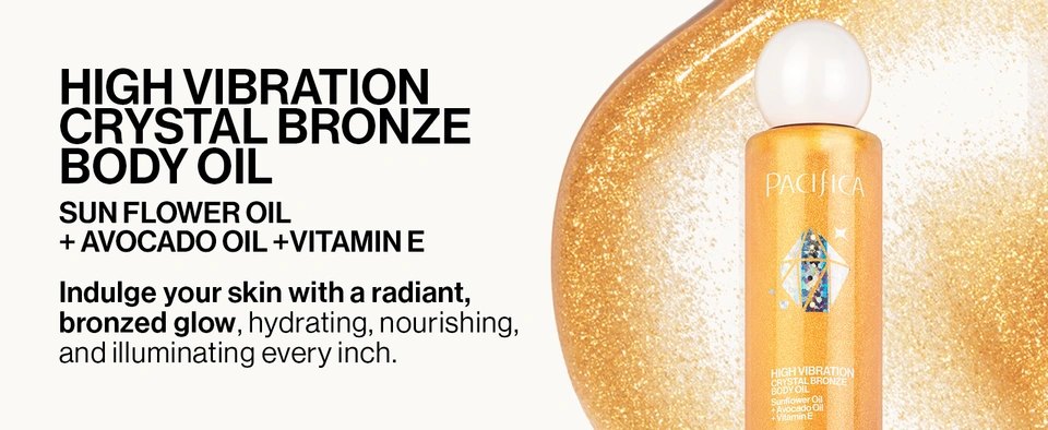 pacifica bronzing body oil crystal bronze shimmering natural sun-kissed glow hydrating illuminator vanilla coconut scent vitamin e silica argan vegan