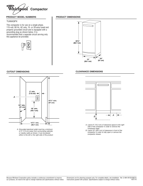 Tu950qpxs Whirlpool 15 Undercounter Trash Compactor Stainless Steel Manuel Joseph Appliance Center