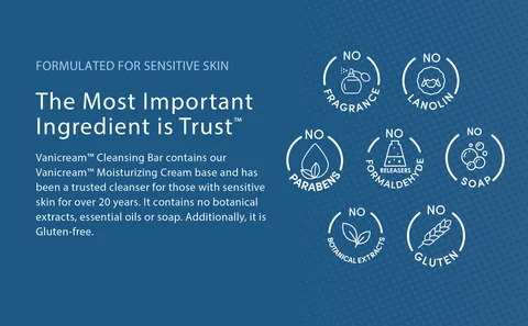 FORMULATED FOR SENSITIVE SKIN. The Most Important Ingredient is Trust™. Vanicream™ Moisturizing Cleansing Bar contains our Vanicream™ Cream base and has been a trusted cleanser for those with sensitive skin for over 20 years. It contains no botanical extracts, essential oils or soap. Additionally, it is Gluten-free.