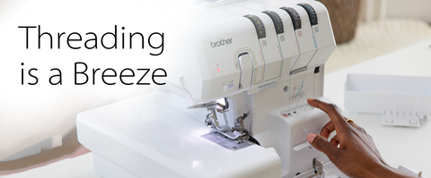 "threading is a breeze" text overlay on Air Serger machine