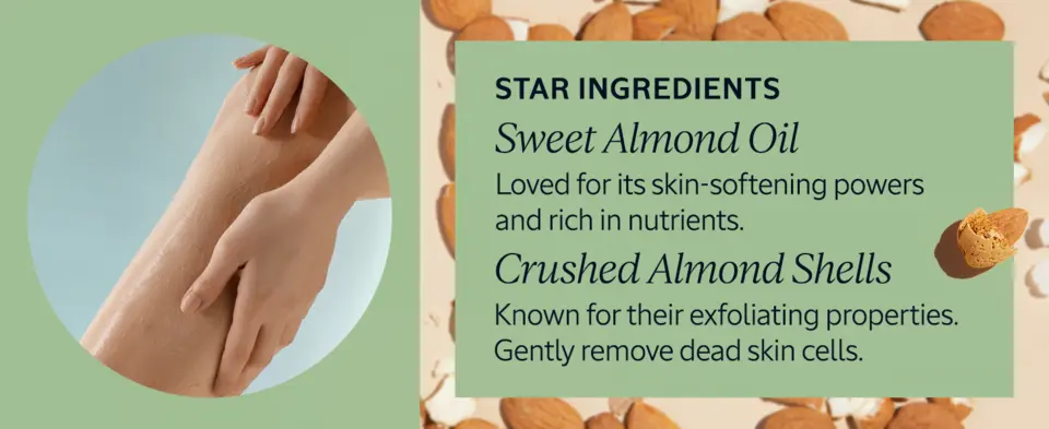 Star Ingredients: Sweet Almond Oil and Crushed Almond Shells