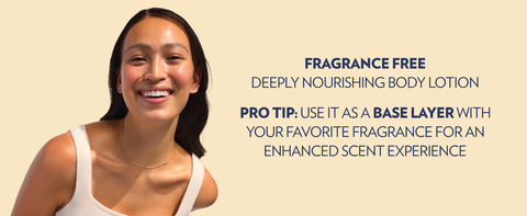 A happy woman with healthy-looking skin next to text about our fragrance free scent &amp; instructions.