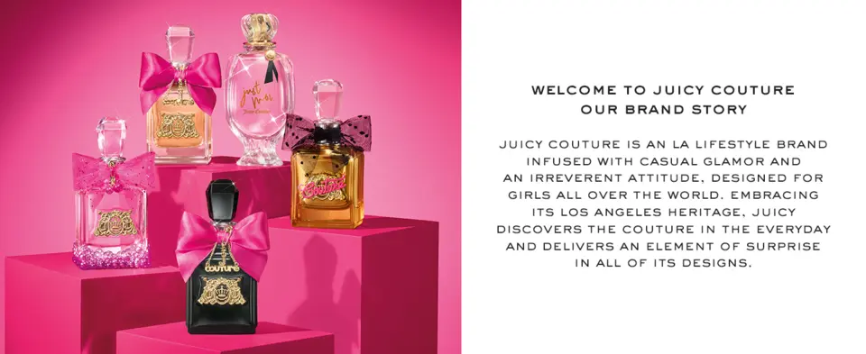 5 Juicy Couture perfume bottles on a pink podium with text to the right