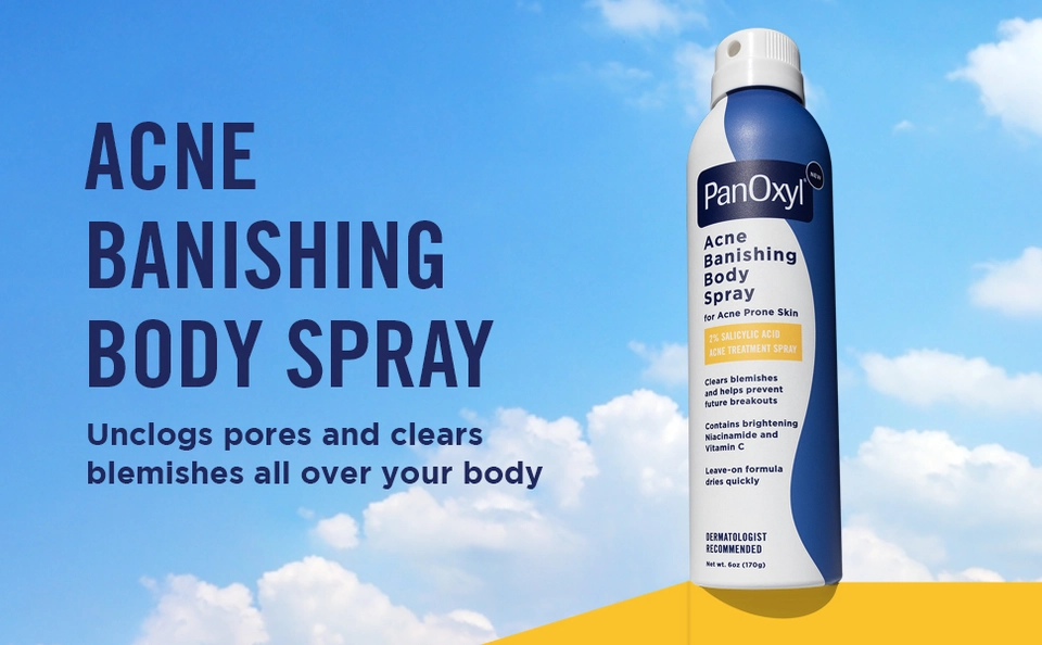 PanOxyl Acne Banishing Body Spray canister sitting in the clouds with text reading, &quot;Acne Banishing Body Spray Unclogs pores and clears blemishes all over your body&quot;