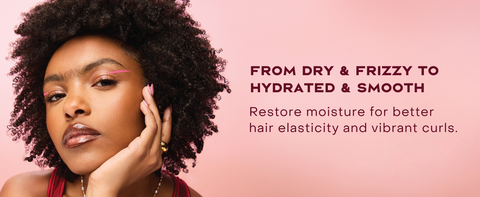 Image of a woman with curly hair, next to text highlighting some benefits of our conditioner.