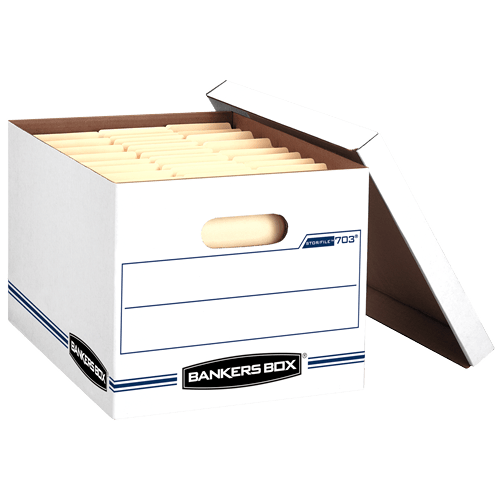 Bankers Box® Stor/File™ Standard-Duty Storage Boxes With Lift-Off Lids And  Built-In Handles, Letter/Legal Size, 10“ x 12 x 15, 60% Recycled,  White/Blue, Pack Of 10 - Zerbee