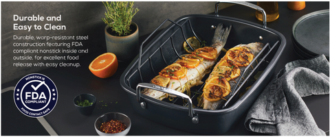 Circulon Ultra-Lasting Nonstick Roasting Pan with Easy Serve Rack, 17-inch x 13-Inch, Black