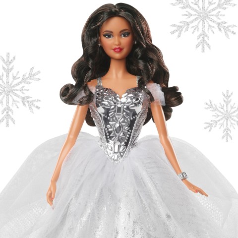 Barbie Signature 2021 Holiday Doll (12-inch, Brunette Hair) in Silver Gown,  with Doll Stand and Certificate of Authenticity, Gift for 6 Year Olds and